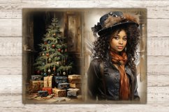 Victorian Christmas Black Junk Journal Pages. A black girl with a Victorian hat, a gray shirt and an orange scarf around her neck and earrings on the rings. Room with a Christmas tree with toys, balls and many gifts under the tree