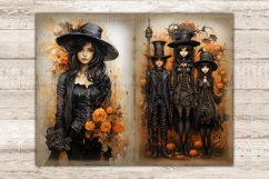 Halloween Watercolor Junk Journal Pages. Vintage Gothic Diary Pages. A brunette in a Victorian dress and hat holding orange flowers. A man and two girls in Halloween Victorian clothes and pumpkins under their feet