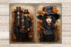 Halloween Watercolor Junk Journal Pages. Vintage Gothic Diary Pages. A brunette in a Victorian dress and hat among orange pumpkins and autumn leaves. Children in Halloween Victorian clothes among pumpkins
