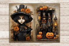 Halloween Watercolor Junk Journal Pages. Vintage Gothic Diary Pages. Scary Halloween scarecrows in Jack O Lantern pumpkin hats and bows around their necks. Halloween girl in gothic dress with halloween makeup