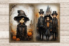 Halloween Watercolor Junk Journal Pages. Vintage Gothic Diary Pages. Children in Halloween Victorian clothes among pumpkins against the backdrop of gothic buildings in the fog