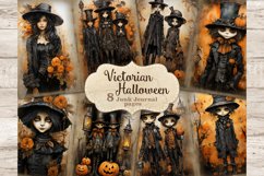 Halloween Watercolor Junk Journal Pages. Vintage Gothic Diary Pages with Victorian Girls, Men and Children with Flowers and Pumpkins