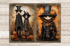 Halloween Watercolor Junk Journal Pages. Vintage Gothic Diary Pages. Scary boy and girl in Victorian clothes with white Halloween makeup and Jack O Lantern pumpkins. Scary Halloween scarecrow in a hat with a pumpkin and a bow around his neck