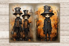 Halloween Watercolor Junk Journal Pages. Vintage Gothic Diary Pages. Scary halloween characters with big eyes in hats. Halloween boy in a hat and raincoat on an orange background