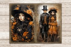 Halloween Watercolor Junk Journal Pages. Vintage Gothic Diary Pages. A brunette woman in a Victorian dress and a hat among orange flowers. Man girl in halloween victorian clothes