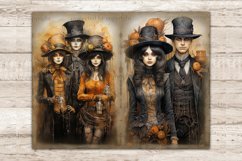 Halloween Watercolor Junk Journal Pages. Vintage Gothic Diary Pages. Men and women in Halloween Victorian clothes with scary makeup on their faces celebrating Halloween