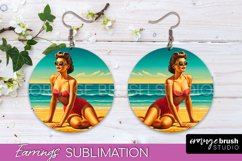 Pin Up Girl Earrings PNG - Beach Round Earrings Sublimation Product Image 1