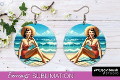 Pin Up Girl Earrings PNG - Beach Round Earrings Sublimation Product Image 1