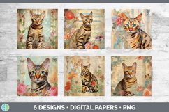 Bundle of six Decoupage Bengal Cats Paper Backgrounds designs.