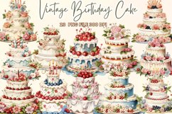 Vintage Birthday Cake Watercolor Sublimation clipart Product Image 1