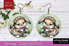 Vintage Bunny Round Earrings - Cute Bunny PNG Sublimation Product Image 1