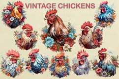 Watercolor Vintage Chicken Clipart, Floral Chickens PNG Product Image 3