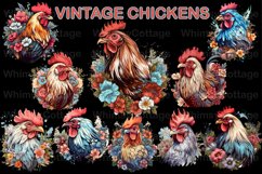 Watercolor Vintage Chicken Clipart, Floral Chickens PNG Product Image 2