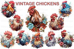 Watercolor Vintage Chicken Clipart, Floral Chickens PNG Product Image 1