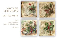 Vintage Holly Christmas Paper | Watercolor JPG Product Image 1