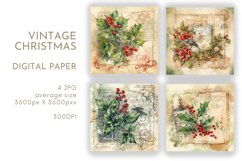 Vintage Holly Christmas Paper | Watercolor JPG Product Image 1