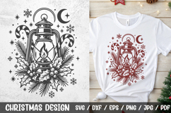 Vintage Christmas Lantern SVG  design featuring a retro lantern with snowflakes, stars, moon, and pine branch. Perfect for gothic holiday crafts, t-shirts, mugs, cards, and home decor.