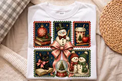 Vintage Christmas Stamp Snowman Cat Book PNG Sublimation Product Image 1