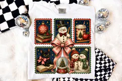 Vintage Christmas Stamp Snowman Cat Book PNG Sublimation Product Image 2