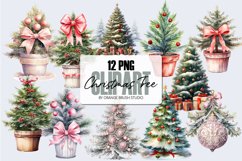Vintage Christmas Tree Watercolor Clipart Bundle