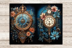 On the left, a gold steampunk vintage vintage watch with a blue dial among orange flowers. On the right, a steampunk antique vintage clock with Roman numerals on the dial among blue and orange flowers