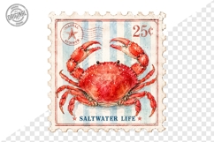 Vintage Coastal Crab Postage Stamp Watercolor PNG Clipart Product Image 1