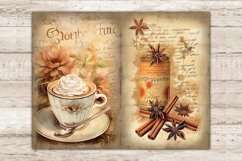 On the left, a vintage mug of coffee and whipped cream on a saucer with a spoon against a background of flowers. On the right, a jar of coffee and a few cinnamon sticks and star anise flowers against the background of old paper with italics