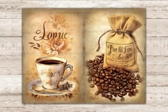 On the left, a vintage cup of coffee on a saucer with a spoon against the background of old paper with a rose print. To the right, a canvas bag filled with coffee beans, next to a scattering of coffee beans against a background of old paper.