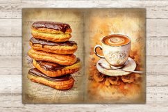 On the left, a stack of eclairs with chocolate icing on the background against the background of old paper with text. On the right, a vintage cup of coffee on a saucer with a spoon against the background of coffee roses and old paper with italics.