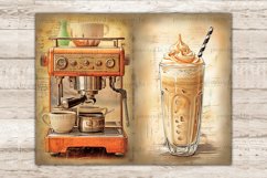 On the left is an orange vintage retro manual coffee machine with coffee mugs. On the right, a tall glass with cold ice latte coffee with ice cubes and whipped cream and a black and white straw against the backdrop of old paper