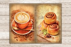 On the left, an orange cup of coffee with cappuccino with latte art on an orange saucer with a spoon against the background of coffee beans and old paper. On the right is a stack of cinnabon on the background of old paper with text.