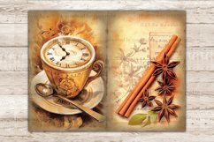 On the left, Delicate Drinkware is a cup of coffee with latte art in the shape of a clock face with Roman numerals on the foam. The cup is on a saucer with a spoon. To the right, cinnamon sticks and star anise flowers on a background of old vintage paper