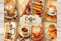 Watercolor Vintage Page Junk Journal Coffee. Delicate Drinkware cups with sweet desserts. Cinnamon sticks and star anise flowers, a stack of chocolate-glazed eclairs and a stack of cinnabons, cups of coffee with latte art, French press coffee