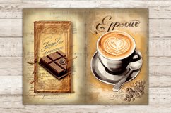 On the left is a vintage chocolate bar with a wrapper on a background of old paper. On the right, a black and white cappuccino cup on a black and white saucer with a spoon. on the background of old paper and coffee beans.