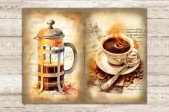 On the left is a French press with coffee inside against the background of old paper. On the right, a vintage cup of coffee on a saucer with a spoon against the background of coffee beans, autumn leaves and old paper with italics.