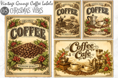 Vintage Coffee Labels PNG, Retro Grunge Coffee Cafe Product Image 1