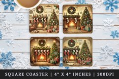 Vintage cozy fireplace stockings hanging decorated Christmas tree holiday New Year winter print square coaster mug coasters sublimation design