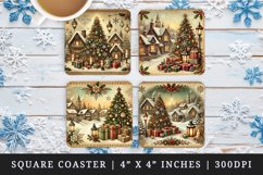Vintage cozy winter scene snow rooftop lantern tree gift holiday Christmas New Year winter print square coaster mug coasters sublimation design