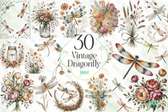 Vintage Dragonfly Sublimation Clipart Bundle Product Image 1