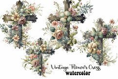 Vintage Floral Christain Cross Watercolor Clipart Product Image 1