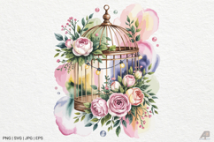Vintage Floral Birdcage Watercolor Clipart Product Image 1