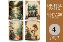 Vintage Garden Paper with Girl, Pots, River and Lantern Product Image 1