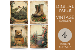 Vintage Garden Digital Paper Floral Bear Boots Fence Product Image 1