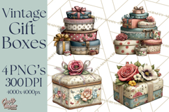 Vintage Gift Boxes Clipart PNG, Romantic Antique Boxes Product Image 1