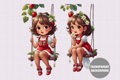 Girl with strawberries on swing, Vintage girl clipart Product Image 1