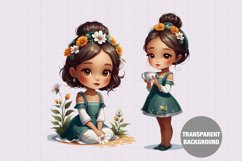 Watercolor girl drinking tea clipart, Vintage girl clipart Product Image 1