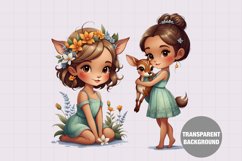 Watercolor girl with fawn clipart, Vintage girl clipart Product Image 1