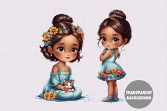 Watercolor girl with kitten clipart, Vintage girl clipartVin Product Image 1