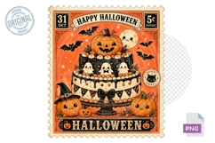 Vintage Halloween Cake Pumpkin Ghost Stamp PNG Design Art Product Image 1