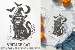 Vintage Halloween Cat SVG – spooky retro black cat in witch hat with bats and crescent moon. Perfect for Halloween t-shirts, mugs, tote bags, stickers, invitations, party decor, posters, and vintage scary crafts.